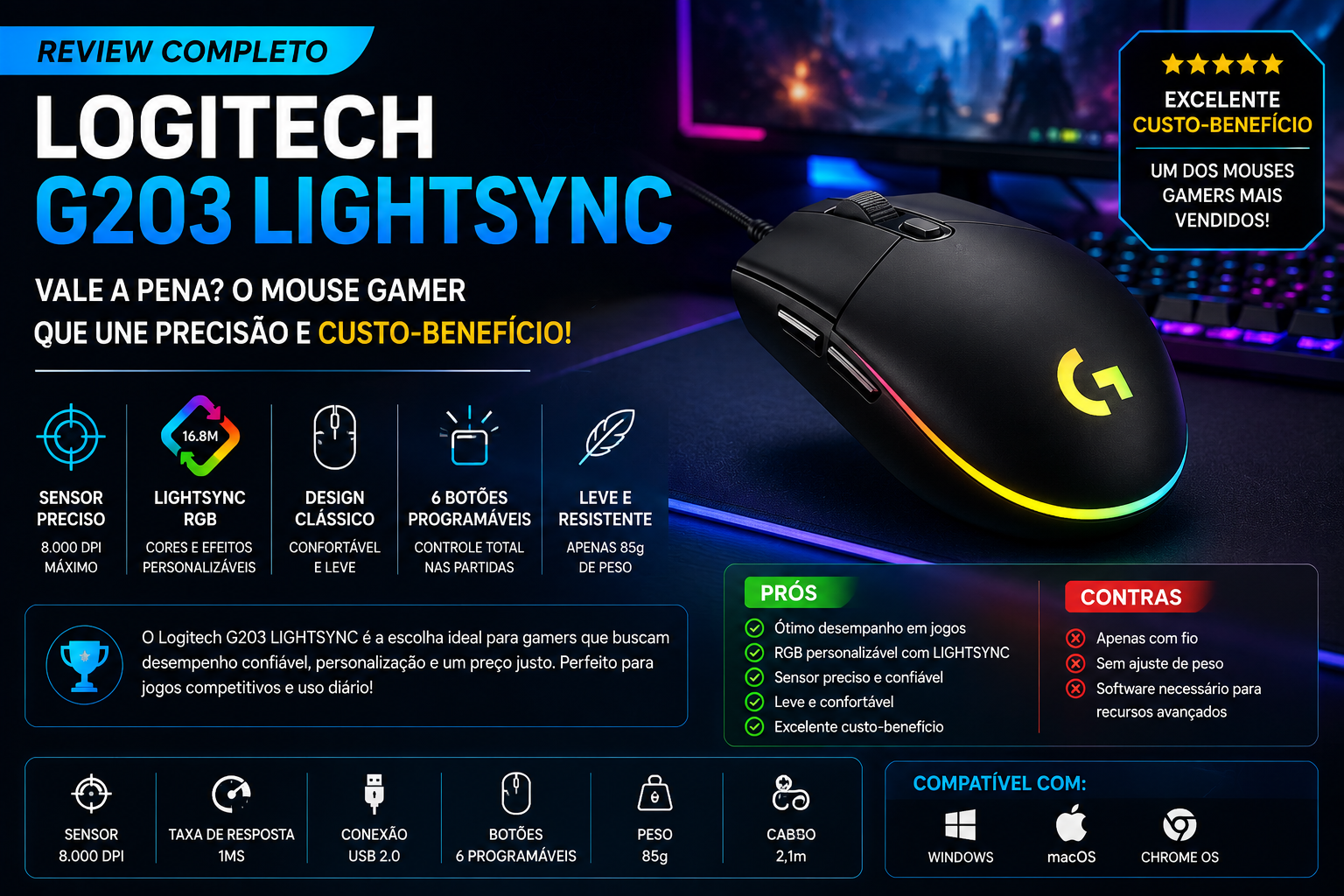 Logitech G203 LIGHTSYNC vale a pena? Review completo do mouse gamer mais vendido da Logitech