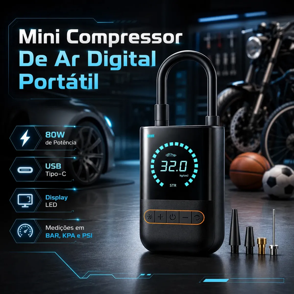 Mini Compressor de Ar Digital 150 PSI Recarregável: Praticidade para Carro, Moto e Bike